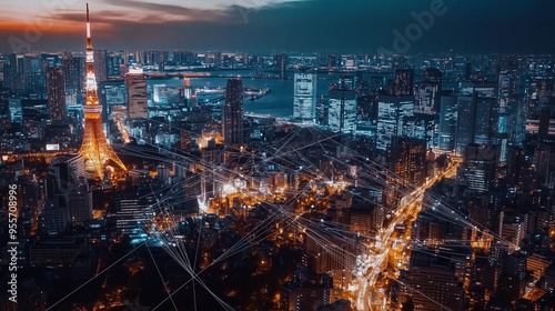 Digital cityscape with glowing connections and network lines,concept of digital marketing