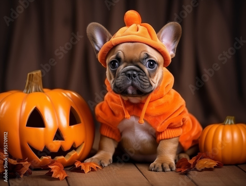 Adorable French Bulldog in pumpkin costume with carved pumpkins on brown background photo