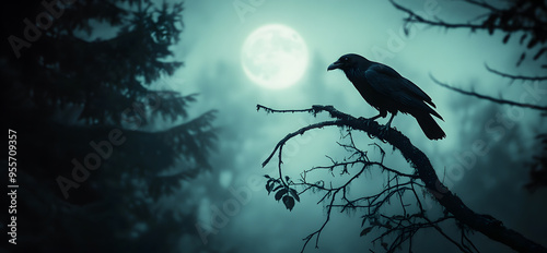a crow perched on a tree branch with the full moon in the background on halloween night