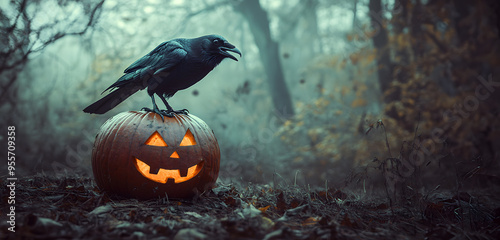 a crow on a carved pumpkin in the middle of the forest on scary halloween day photo