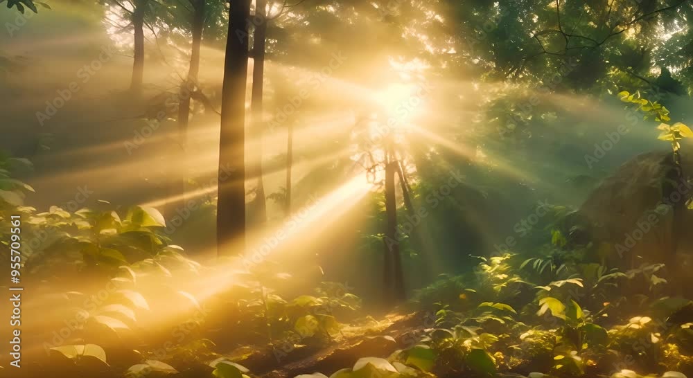 Beautiful magical sunrise in the forest The suns rays break through the trees in the fog The mystical nature of the rainforest 4k animation Beautiful magical sunrise in the forest The suns rays break through the trees in the fog The mystical nature of the rainforest 4k animation
