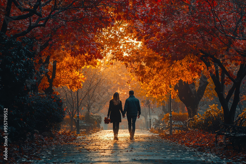 Wallpaper Mural A couple walking hand-in-hand through a park adorned with golden and crimson leaves, enjoying the crisp fall air. Concept of romantic autumn outings. Torontodigital.ca