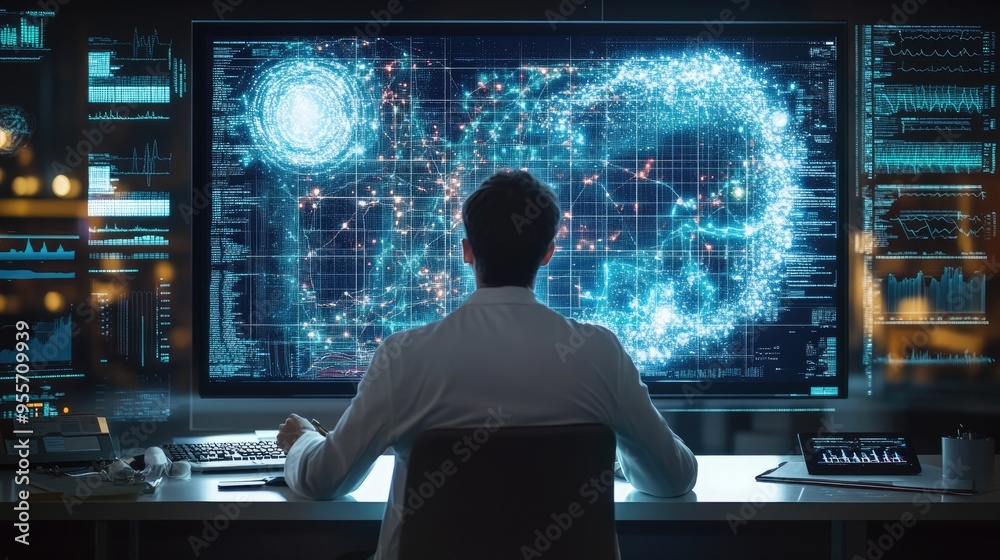 A doctor analyzing complex data visualizations on a large screen, representing the integration of big data in modern medicine. A doctor analyzing complex data visualizations on a large screen, representing the integration of big data in modern medicine.
