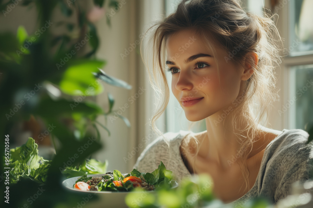 A young woman enjoys a nutritious salad while surrounded by lush plants in a cozy, sunlit room during a peaceful afternoon A young woman enjoys a nutritious salad while surrounded by lush plants in a cozy, sunlit room during a peaceful afternoon