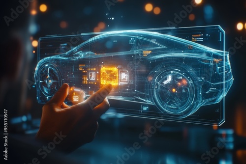 Man interacting with holographic smart car interface in a stunning 3d technology visualization photo