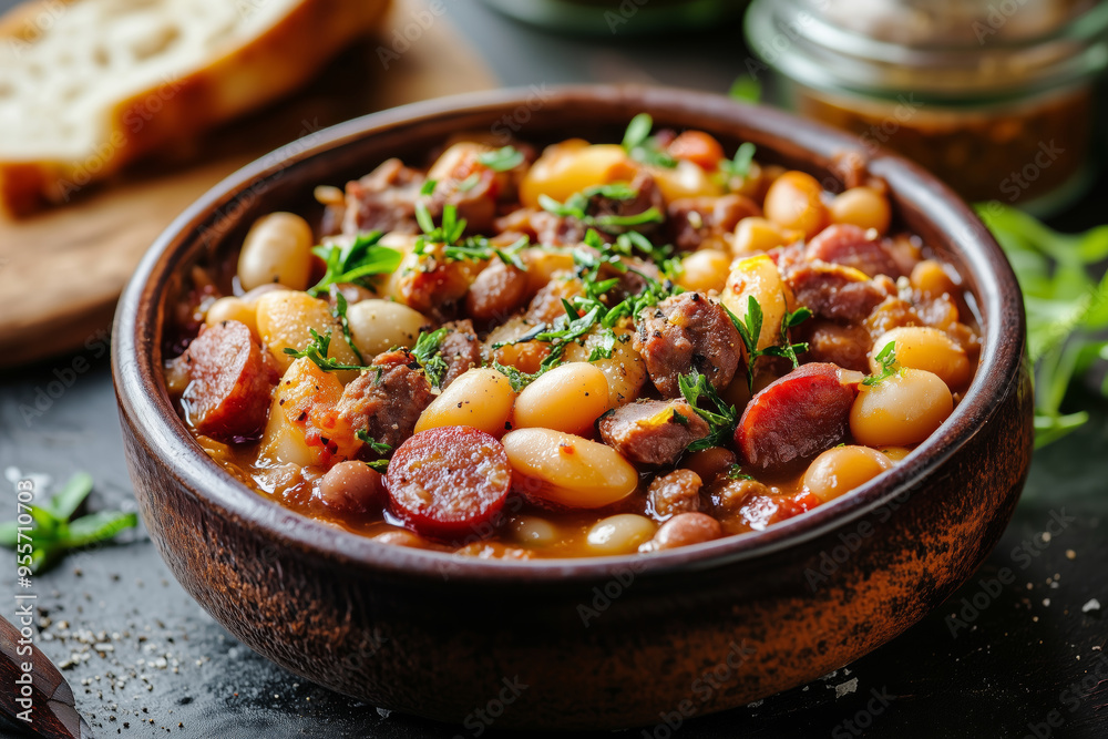 A hearty, slow-cooked cassoulet showcasing tender beans, savory meats, and flavorful sausages in a rustic kitchen setting A hearty, slow-cooked cassoulet showcasing tender beans, savory meats, and flavorful sausages in a rustic kitchen setting
