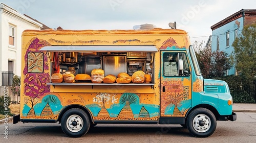 Artisan mobile bakery truck with hand-painted elements, serving fresh bread, parked in a historic district