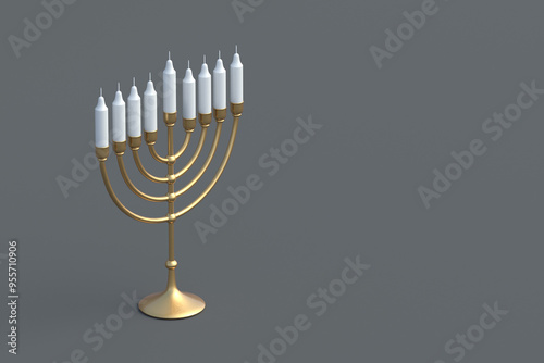 Golden menorah for Hanukkah with candles on gray background. Traditional hebrew festival. Copy space. 3d render