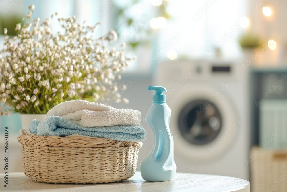Cozy home scene pastel stack in woven basket with detergent and blurred washing machine Cozy home scene pastel stack in woven basket with detergent and blurred washing machine