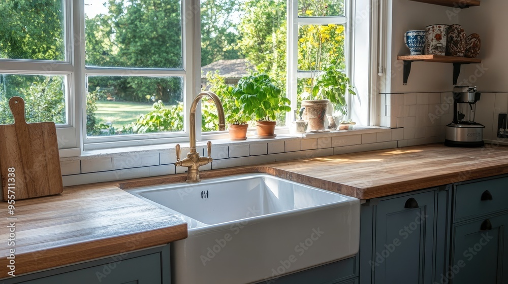 A kitchen with a farmhouse sink, wooden countertops, and a window overlooking a garden.