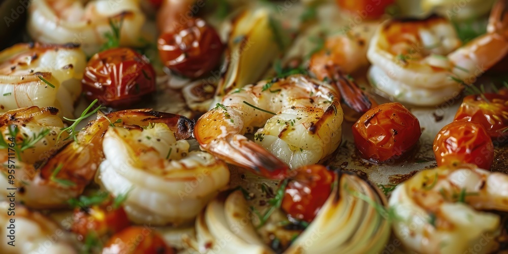 Close up of fennel shrimp and cherry tomatoes baked on a baking sheet Close up of fennel shrimp and cherry tomatoes baked on a baking sheet