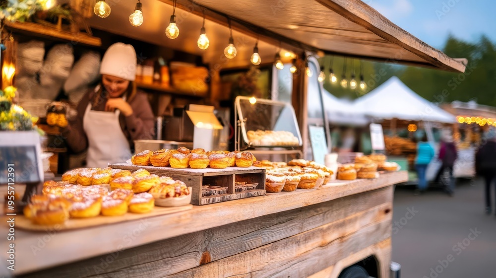 Mobile bakery truck with a rustic barnwood design, serving pastries at a country fair, nostalgic feel Mobile bakery truck with a rustic barnwood design, serving pastries at a country fair, nostalgic feel