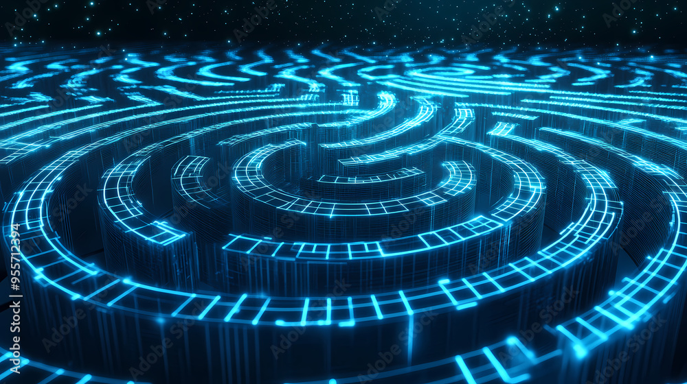 Digital labyrinth designed with a blue wireframe. Labyrinth. Illustration Digital labyrinth designed with a blue wireframe. Labyrinth. Illustration
