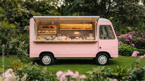 Mobile bakery truck with a rustic cottagecore theme, soft colors, set in a lush and peaceful garden