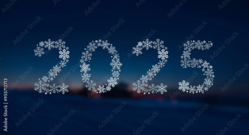 Snowflakes forming 2025 for New Year celebration in winter scenery Snowflakes forming 2025 for New Year celebration in winter scenery