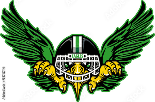 eagle mascot wearing a football helmet with face mask and claws for school, college or league sports