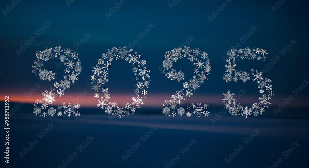 Snowflakes forming 2025 in winter landscape with beautiful bokeh effect and dark blue background Snowflakes forming 2025 in winter landscape with beautiful bokeh effect and dark blue background