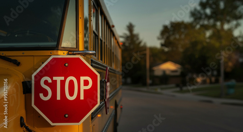 School bus with stop sign on quiet street during evening light