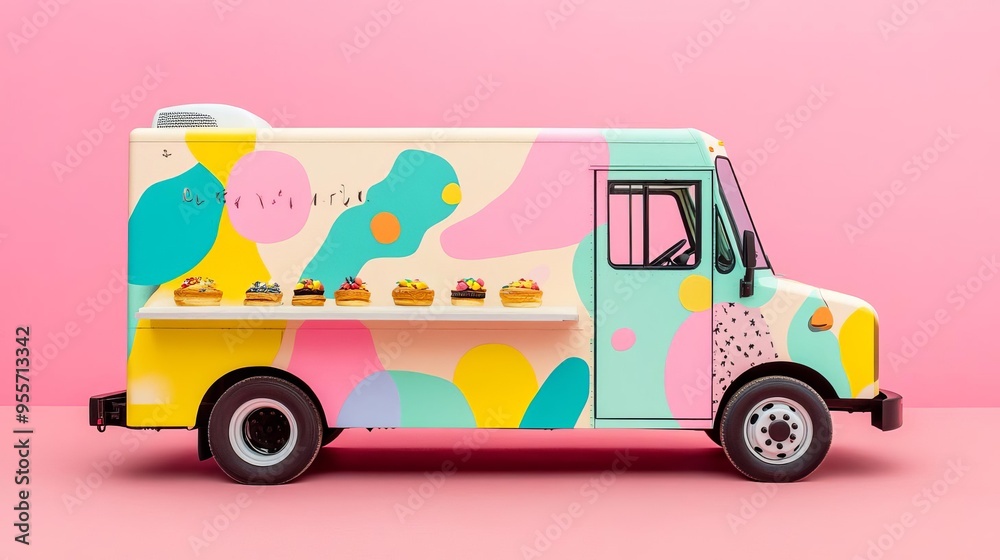 Fototapeta premium Mobile bakery truck with bold pop culture designs, serving themed pastries in a trendy district