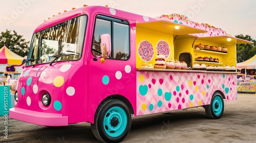 Mobile bakery truck with bright and playful patterns, serving whimsical desserts at a kids  carnival