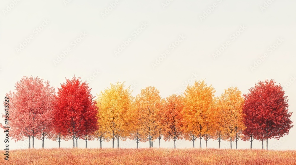 Naklejka premium An autumnal landscape with a row of trees in full color, their leaves creating a stunning display of reds, oranges, and yellows against a clear sky.