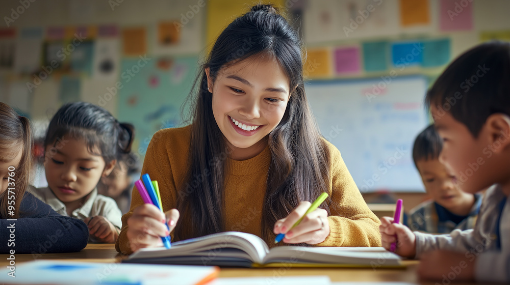 A female teacher colouring the books with students A female teacher colouring the books with students