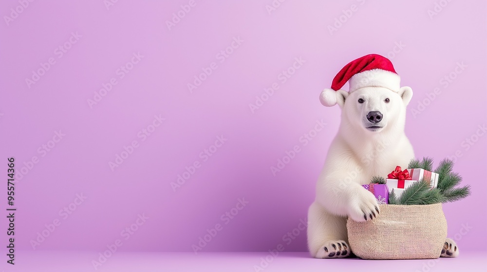 Fototapeta premium A cute polar bear wearing a Santa hat holds a jute sack filled with Christmas gifts and pine branches, set against a pastel purple background. Christmas and New Year festive concept with copy space.
