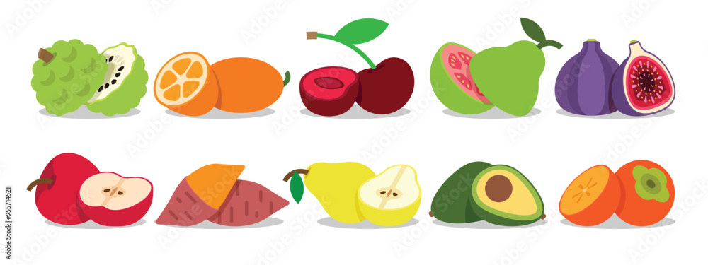 A set of Split Fruits, Annona, Kumquat, Cherry, Guava, Fig, Apple, Sweet potato, Pear, Avocado, Persimmon, simple collection flat vector illustration. A set of Split Fruits, Annona, Kumquat, Cherry, Guava, Fig, Apple, Sweet potato, Pear, Avocado, Persimmon, simple collection flat vector illustration.