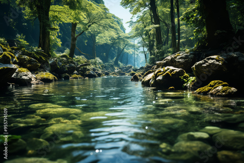 A crystal-clear river running through a dense forest. Concept of natural sanctuary. Generative Ai.