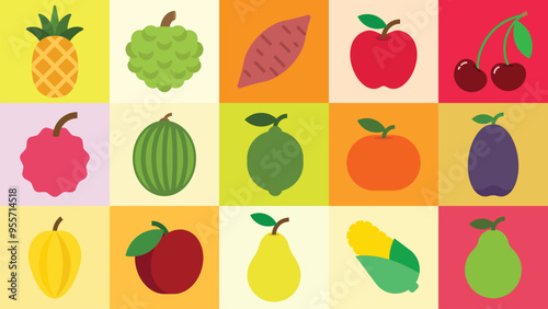 A set of full fresh fruits, Pineapple, Annona, Sweet potato, Apple, Cherry, Litchi, Watermelon, Sweet lime, Mandarin, plum, Carambola, Pear, Corn, Guava, simple flat vector illustration.