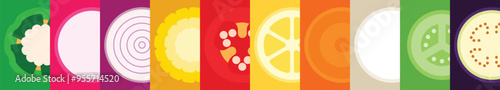 A set of Sliced vegetables, Cross section of Bell Pepper, Corn, Radish, Red Onion, Hot pepper, Lemon, Carrot, Daikon, White radish, Cucumber, Eggplant, simple flat vector illustration.