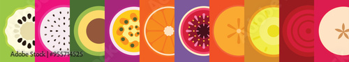 A set of Sliced fruits, Cross section of Annona, White Dragon fruit, Avocado, Passion Fruit, Tangerine, Mandarin, Fig, Persimmon, Pineapple, Beet, Apple, simple flat vector illustration.