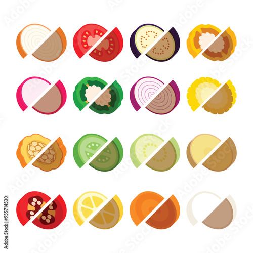 A set of flat vegetables slices, cross sections of Daikon, Pumpkin, Onion, Tomato, Bell Pepper, Eggplant, Potatoes, zucchini, Radish, peas, Lemon, carrot,corn, cucumber, chilli, vector illustration