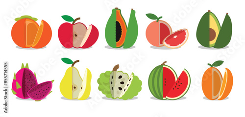 A set of Split Fruits, Persimmon, Apple, Papaya, Grapefruit, Avocado, Fleshed Dragon fruit, Pear, Annona, Watermelon, Kumquat, simple flat vector illustration.