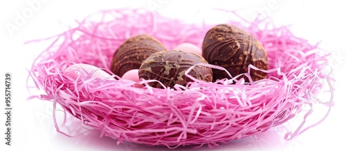 Chocolate Easter Eggs In Pink Nest Isolated On White Background