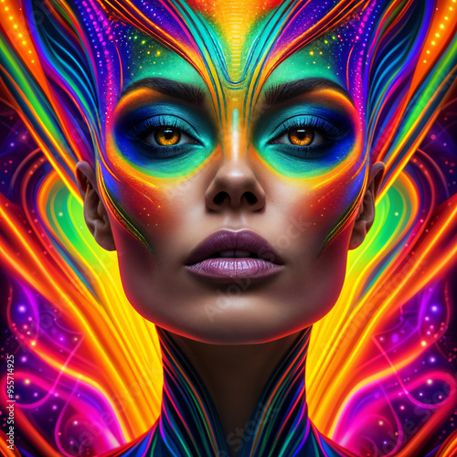 A woman with vibrant, colorful makeup and hair, set against a backdrop of swirling patterns and abstract shapes.