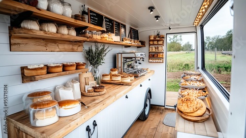 Mobile bakery truck with rustic farmhouse decor, warm wood, set in a countryside setting