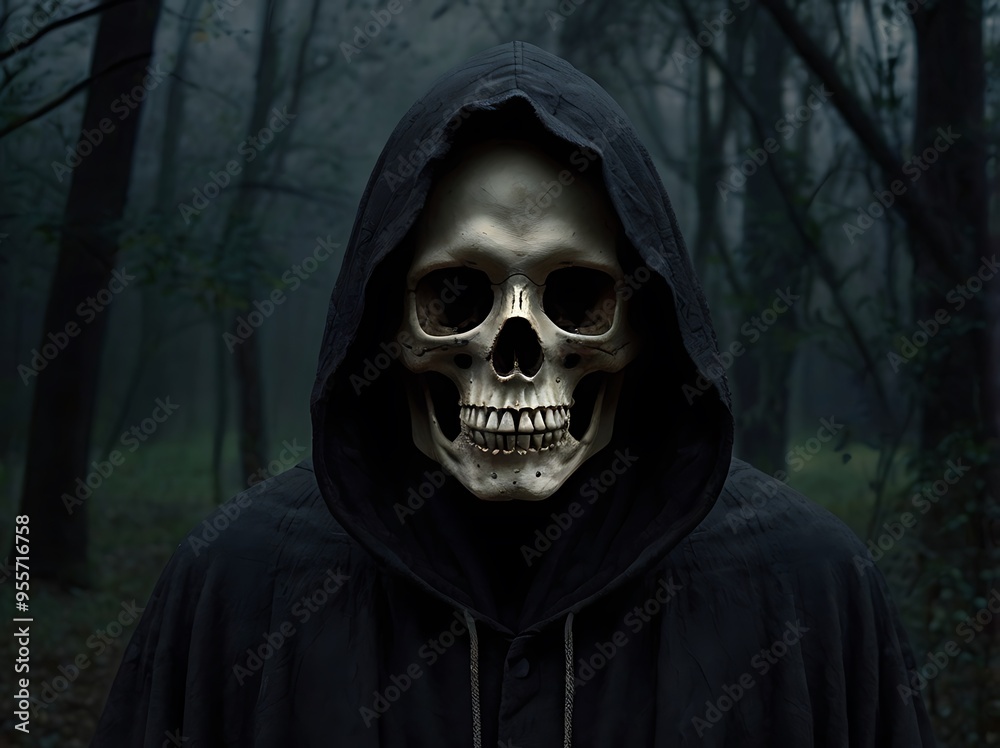 Scary portrait of horrifying Reaper with skeleton face, spooky dark black model and black hood, halloween and death related Scary portrait of horrifying Reaper with skeleton face, spooky dark black model and black hood, halloween and death related
