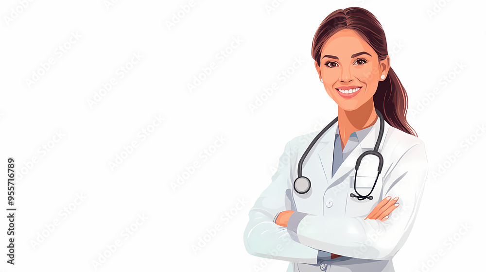 Portrait of a smiling female doctor standing with arms crossed over white background. Portrait. Illustration Portrait of a smiling female doctor standing with arms crossed over white background. Portrait. Illustration