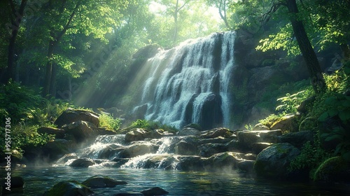 Tranquil forest waterfall flowing over stones creating a peaceful and beautiful natural background