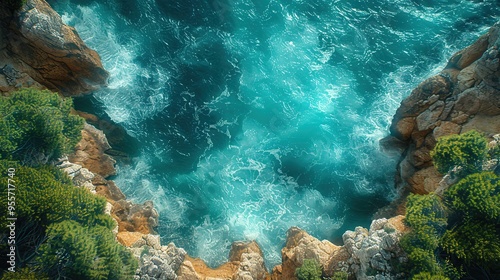 Aerial View of Turquoise Ocean Crashing Against Rugged Coastline