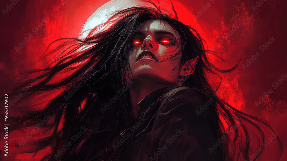 A dramatic image of a vampire with dark, flowing hair and intense red eyes, illuminated by the eerie light of a blood moon. A dramatic image of a vampire with dark, flowing hair and intense red eyes, illuminated by the eerie light of a blood moon.