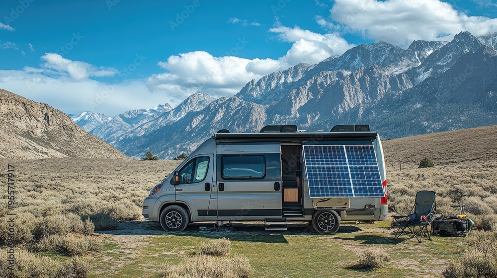 An RV parked at a remote wilderness campsite, with solar panels set up to harness the sunâ energy and a peaceful natural setting.