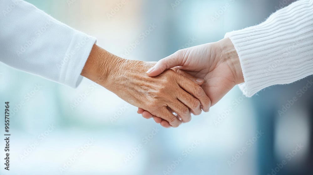 Elderly woman holding her caregiver s hand, close-up shot, showing compassion and trust in caregiving