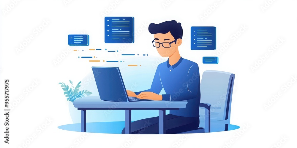 A young professional working on a laptop in a modern office environment, focused and engaged in his task. A young professional working on a laptop in a modern office environment, focused and engaged in his task.