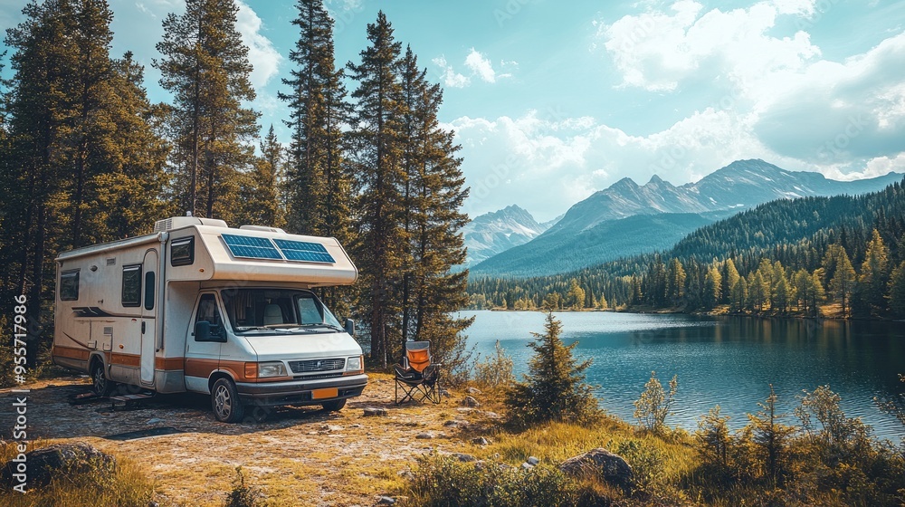 An RV parked at a remote wilderness campsite, with solar panels set up ...