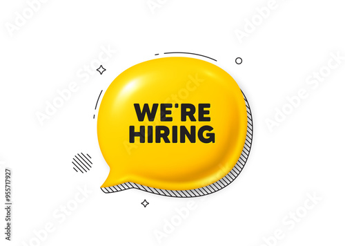 We are hiring tag. Comic speech bubble 3d icon. Recruitment agency sign. Hire employees symbol. Hiring chat offer. Speech bubble comic banner. Discount balloon. Vector