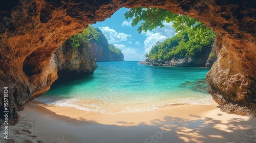 secluded beach cove hidden by towering cliffs untouched golden sand meets crystalclear turquoise waters lush tropical vegetation frames the scene dreamy paradiselike atmosphere photo