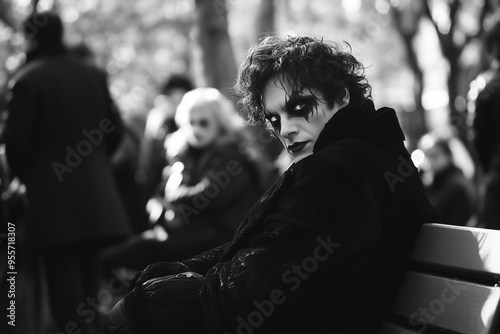 A solitary vampire enjoys a quiet moment on a park bench under the golden glow of autumn leaves during early evening hours photo