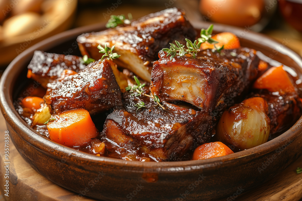 Hearty beef ribs stewed with vegetables, slow-cooked to perfection, capturing the essence of comfort food in a rustic kitchen setting Hearty beef ribs stewed with vegetables, slow-cooked to perfection, capturing the essence of comfort food in a rustic kitchen setting